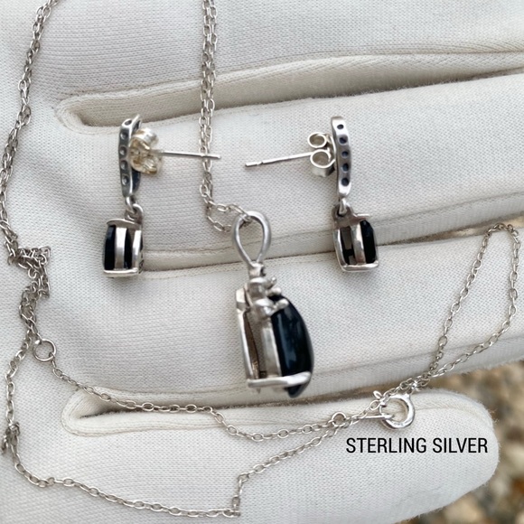 Black Onyx Sterling Silver Post Earrings & Necklace Pendant Set - Vintage - Picture 7 of 14